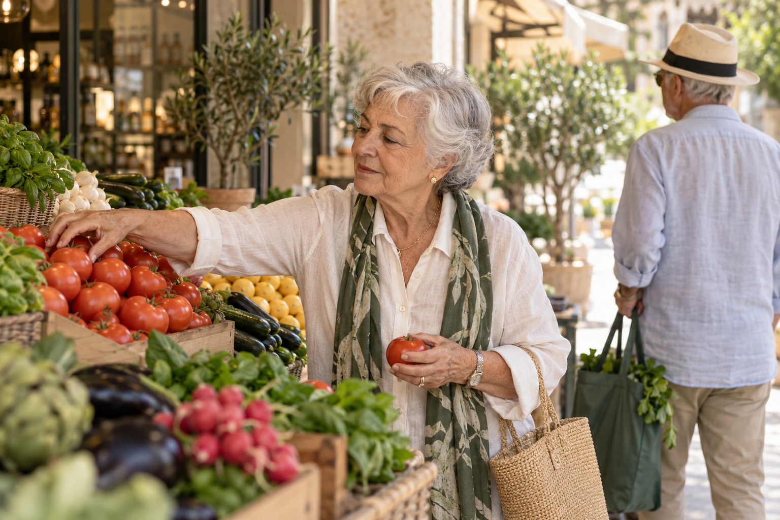 An older woman choosing her own groceries with discreet support nearby