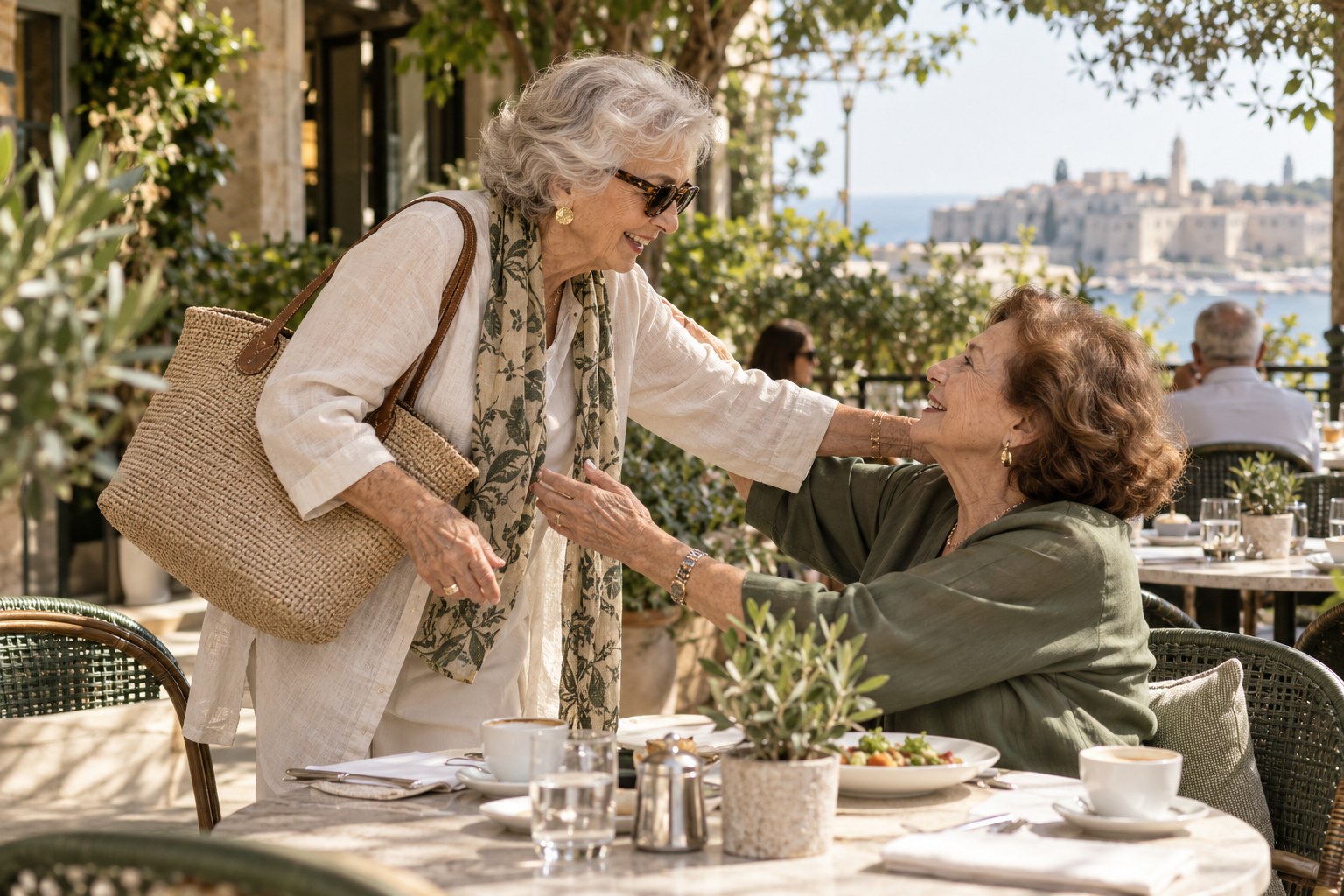 Older friends greeting one another at a garden café