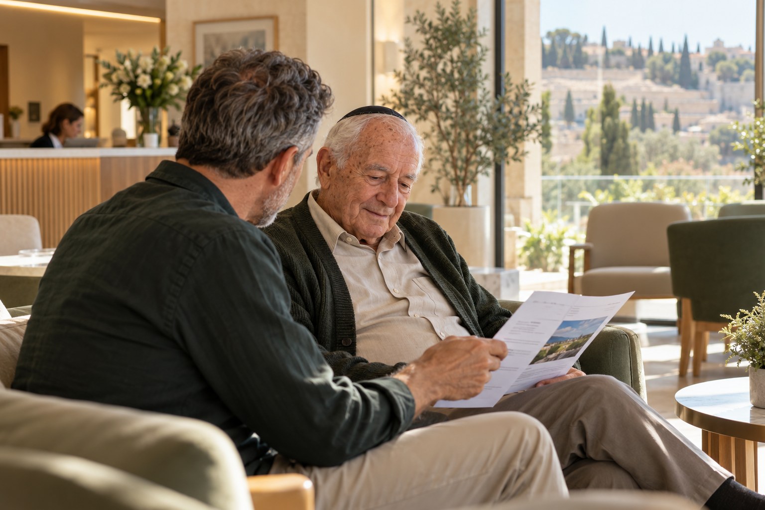 An older man and companion waiting comfortably at a clinic